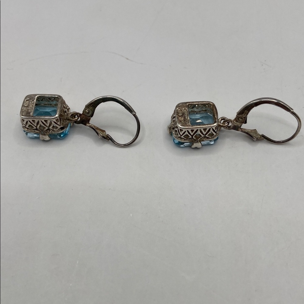 Vintage Sterling Silver 925 Blue Topaz Emerald Cut Lever Back Earrings - Picture 8 of 10